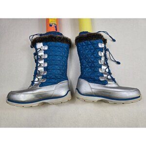 Lands End Womens Size 7 Quilted Winter Snow Boots Blue & Silver Faux Fur Trim